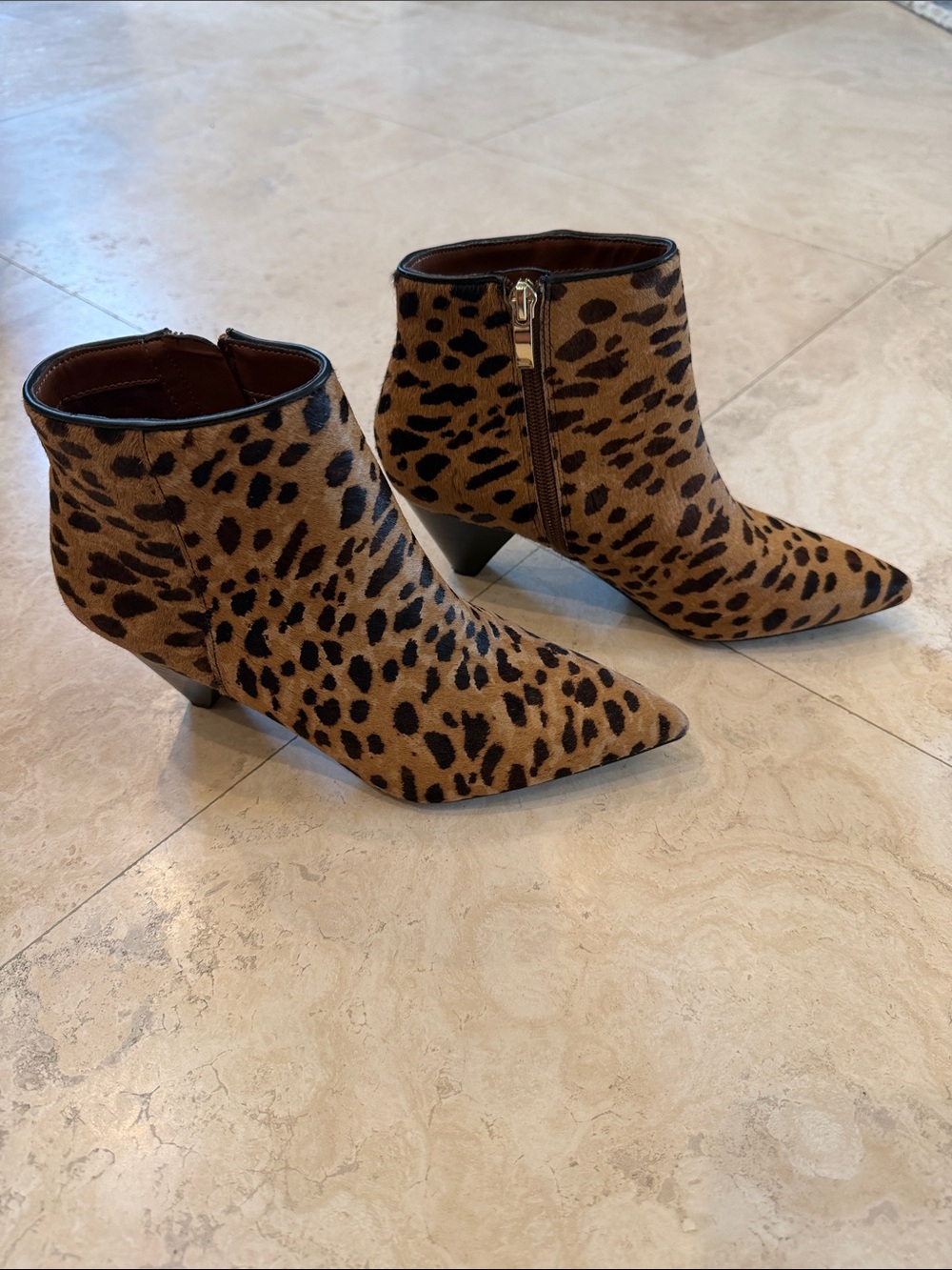 FRANCO SARTO Leather Leopard Print Pointed Toe Ankle Bootie, Size 7